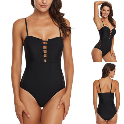

Roseonmyhand Women Sexy Solid Swimwear Strap Bikini Push Up Padded Hollow One-Piece Swimsuit