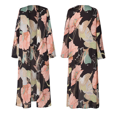 

Roseonmyhand Women Long Sleeve Printed Shawl Beachwear Chiffon Cardigan Tops Cover Up Blouse