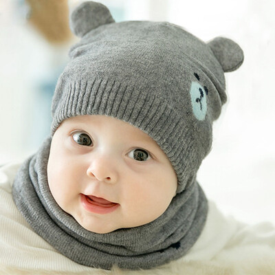 

Autumn And Winter Soft Cute Embroidered Bear Knitting Wool HatsScarfs Set Kids Baby Warm Beanie Cap Hat