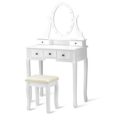 

5 Drawers Vanity Dressing Table Stool Set with 12 LED Bulbs