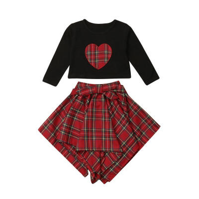 

2PCS Christmas Gifts Toddler Baby Girls Heart Printed Long Sleeve T-Shirt Tops Plaid Dress Outfit Costume Clothes Set
