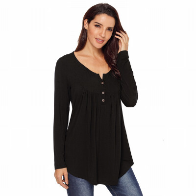 

Solid color V-neck button long-sleeved womens T-shirt casual slimming shirt