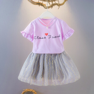 

Children Girls Casual Summer Letter Print Short Sleeve T-shirtMesh Skirts Suits 2Pcs Costume Set