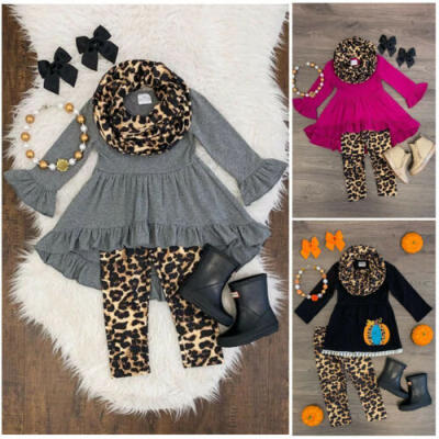 

US 3PCS Toddler Kids Baby Girls Ruffle Tops Leopard Pants Winter Outfits Clothes