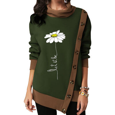 

Women Fashion Sweatshirt Flower Print Long Sleeve Foldover Collar Irregular Buttons Sweatshirt Women Casual Top