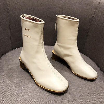 

Short-booted womens single-boot square-headed elastic boots in autumn&skinny bare-booted women with thick heels&rear zipp