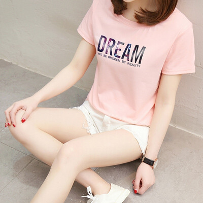 

Womens Casual Round Neck Letter Print Short Sleeve Loose Pullover Simple T-Shirt