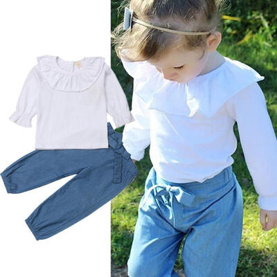 

2PCS Fashion Toddler Kid Baby Girl Solid Outfit Tops Shirt Bow Long Pants Clothes Set