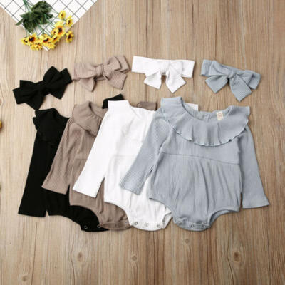 

US Infant Baby Girl Clothes Long Sleeve Knitted Romper JumpsuitHeadband Outfit