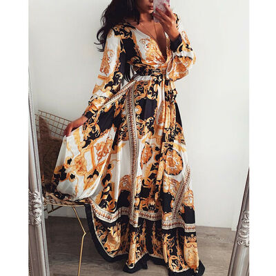 

Women V-neck Long Sleeve Boho Holiday Autumn Ladies Vintage Maxi Dress Evening Party Cocktail