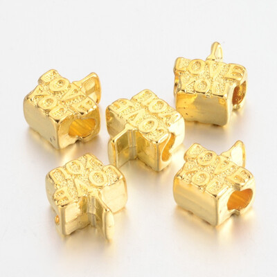 

Tibetan Style European Beads Lead Free & Cadmium Free Large Hole Beads Phrase"LOVE YOU" for Valentines Day Golden 14x14x9mm