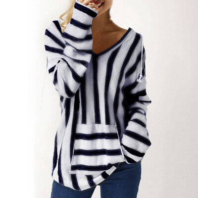 

Womens Stripes Long Sleeve Sweater Tops Loose Autumn Winter V Neck Sweatshirts