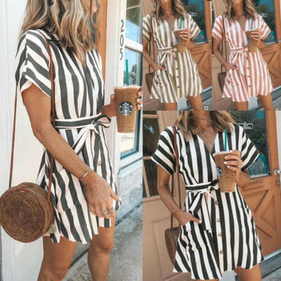 

Sexy Women Short Sleeve Bodycon Mini Dress Ladies Summer Striped Dress Beachwear
