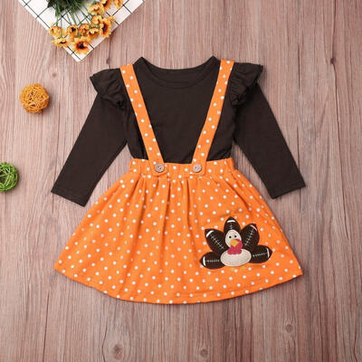 

Toddler Kids Baby Girl Thanksgiving Clothes Ruffle TopsStrap Turkey Dot Skirt Set