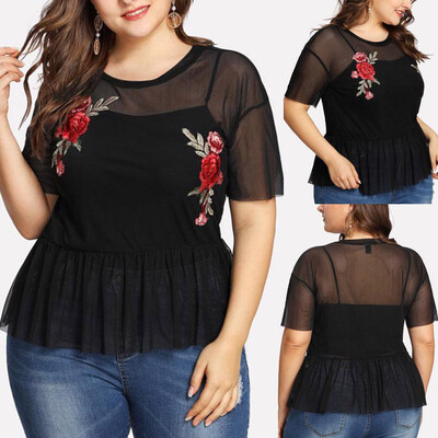 

Starmoon Fashion Women Plus Size Casual Floral Short Sleeve Appliques Ruffle Mesh Top Tee