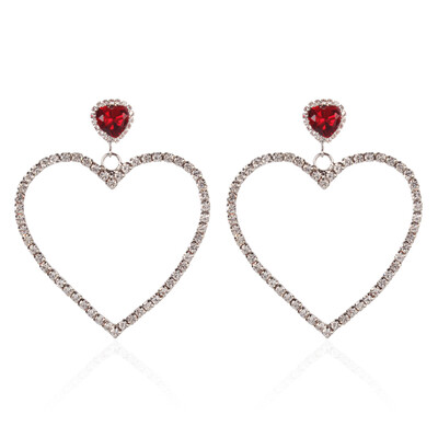 

Rhinestone Dangle Stud Earrings with Alloy Findings Heart Platinum 73x60mm