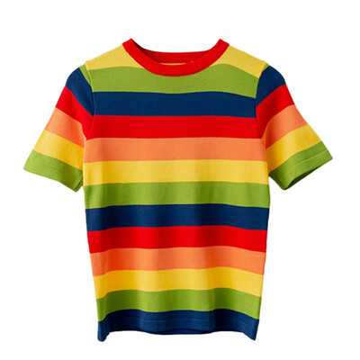 

New T Shirt Women Rainbow Striped Tops 2019 Summer Sweet Short Sleeve Korean Thin Knitted Tops