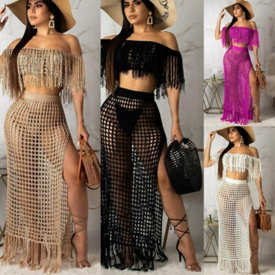 

Women Ladies Tassels Hollow Off Shoulder Crop Top Beach Set High Slit Dress Casual
