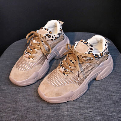 

Daddy female leopard print thick-soled sneakers spring tie with net cloth Harajuku ins super fire breathable womens shoes