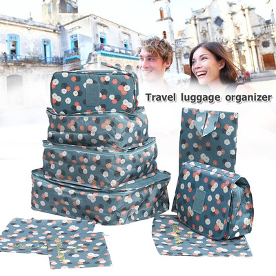 

9 Packing Cubes Travel Organisers - 3 Packing Cubes 3 Pouches 1 Bra Underwear Bag 1 Cosmetic Bag 1 Shoes Bag Blue Flower