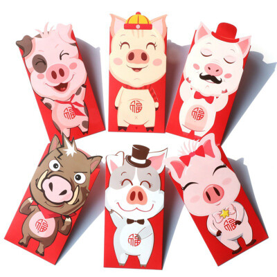 

Siaonvr 6pcsSet 2019 New Years Pig Year Cartoon Red Packets Hong Bao Lucky Money Bags