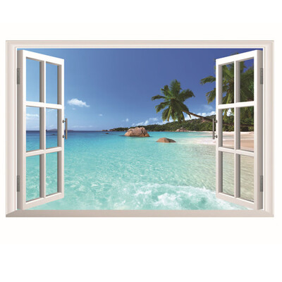 

PVC Huge Hawaii Sea View Removable Beach Sea 3D Window Scenery Wall Sticker