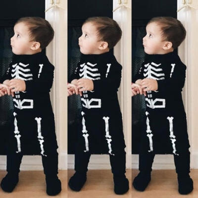 

Newborn Baby Boys Halloween Costume Black Long Sleeve Skeleton T Shirt Tee Top Pants Toddler Kids 2Pcs Outfits Clothes Set