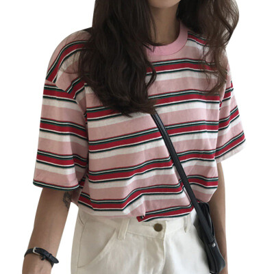 

Womens Fashion Summer Casual T Shirt Short Sleeve O-Neck Korean Style Striped Loose Tee