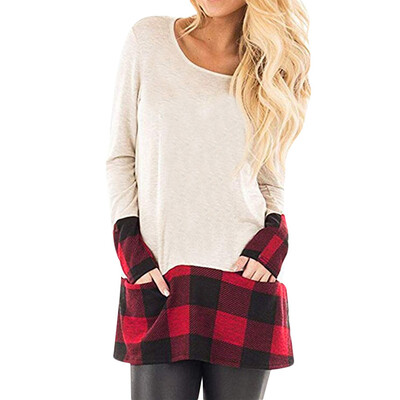 

Nomeni Womens Tops Plaid Splice Hem Round Neck Long Sleeve Cute Tunic Blouse