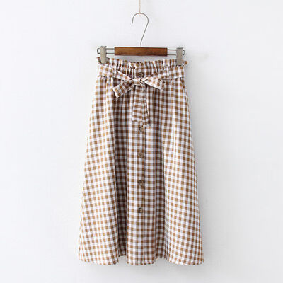 

Women Vintage Literary Style Elastic High Waist Button Plaid Print Wild A Word Long Paragraph Skirt