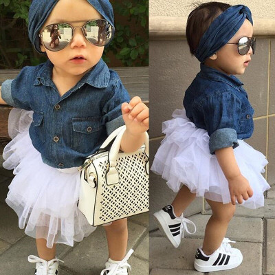 

Kids Baby Girl Denim Long Sleeve Tops ShirtTutu Skirts Dress 3pcs Outfits Set