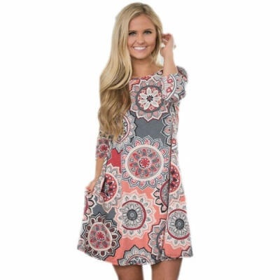 

Fashion Floral Printed Women Casual T-shirt Dress Summer Loose Dress with Pocket