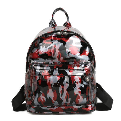 

Camo Print Travel Backpacks Women School Bags Bright PU Leather Knapsack