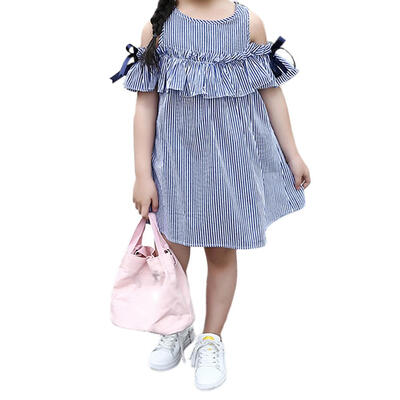 

Kids Girls Summer Stripes Casual Beach Cold Shoulder Ruffles Loose Dresses
