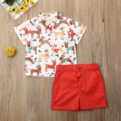 

UK New Baby Boy Xmas Clothes Set Deer Printed Shirt & Red Shorts Pants Outfits