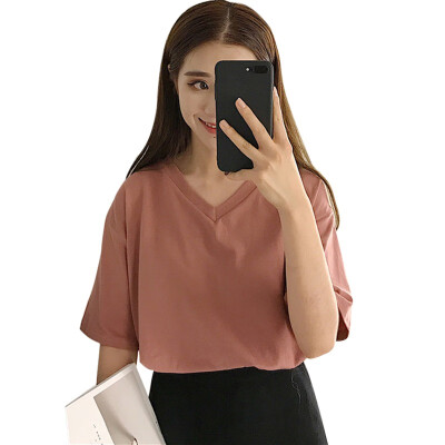 

Women Summer Solid V-Neck T-shirt Female Casual Short Sleeve Basic Tees Ladies Loose Tops Plus Size Feminina Tshirt