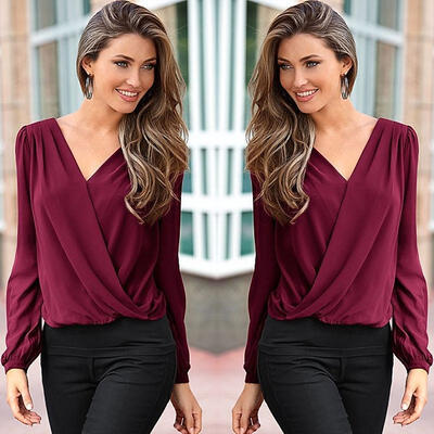 

Fashion Ladies Women Casual V-neck Pleated Loose Tee Long Sleeve Shirt Blouse T-shirt Tops
