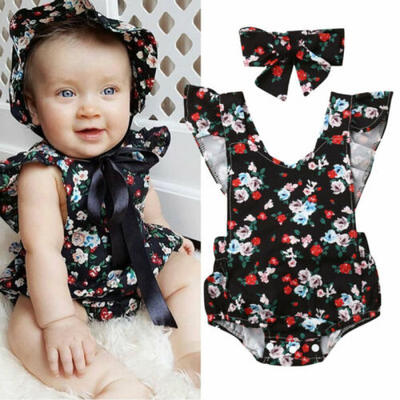 

Lovely Newborn Baby Girls Flower Romper Bodysuit Headband Outfits Set Sunsuit
