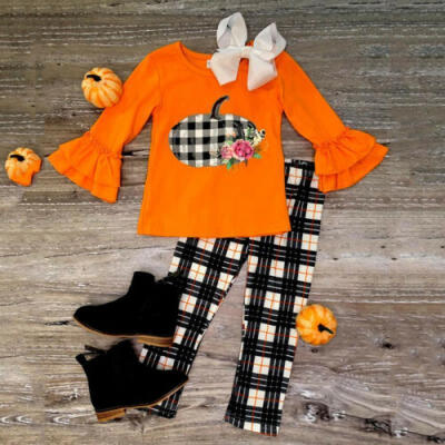 

US Halloween Toddler Baby Girl Clothes Pumpkin Ruffle TopsPlaids Pants Outfit