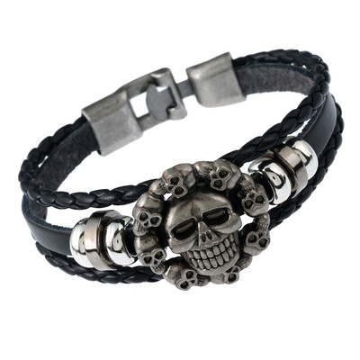 

Handmade Retro Genuine Leather Woven Skull Charm Bracelet Men Vintage Braided Bracelets Bangles Jewelry