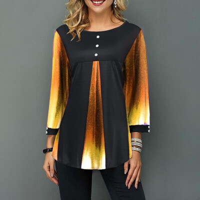 

Women Blouse Splice Color Block Round Neck Long Sleeve Loose Button Asymmetry Hem T-shirt Tee Tops