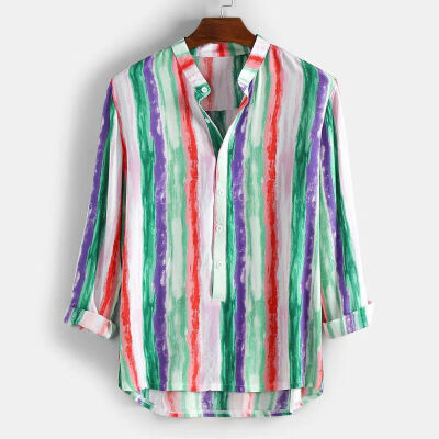 

Mens Casual Hawaiian Shirt Colored Striped Long Sleeve Loose Casual V-Neck