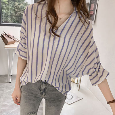 

Korean Style Loose Lace Up Striped Chiffon Blouse Female Commuter Tunic 3 Colors Striped Girl Ladies Bow Three Quarter Blouses