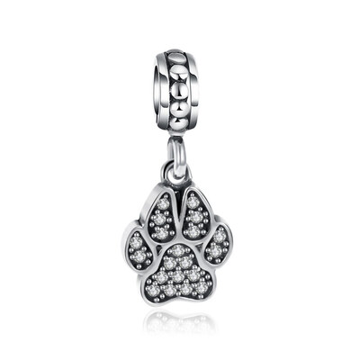 

925 Thai Sterling Silver European Dangle Beads with Cubic Zirconia Large Hole Pendants Paw Print Antique Silver 23x10mm