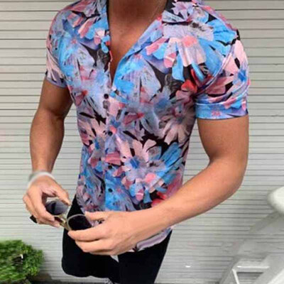 

Mens Casual Slim Fit Hawaiian Style Shirts Floral Print Tops Button Down T-shirt