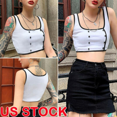

US Womens Sleeveless Summer White Crop Top Vest Casual Tank Tops Blouse T-Shirt
