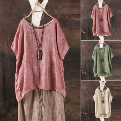 

Women Cotton Linen Short Sleeve T-shirt Summer Loose Casual Solid Tops Blouse