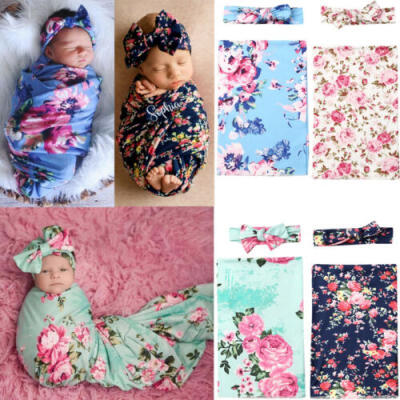 

UK Newborn Baby Floral Swaddle Wrap Swaddling Sleeping Bag Blanket Headband Set
