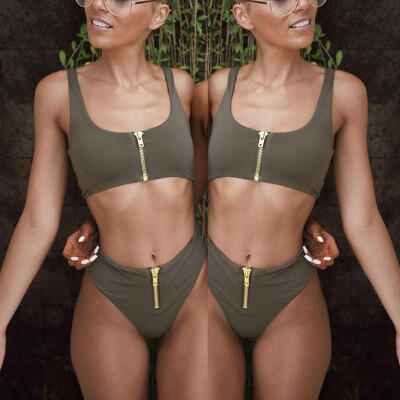 

Sexy Women Bikini Solid Color Spaghetti Strap Swimwear Swimsuit Zipper Push Up Bathing Suit Biquini