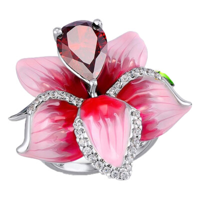 

Charming Pink Flower Red stone Floral Ring Women Wedding Bridal Jewelry